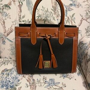 Dooney & Bourke Black and Brown Pebbled Leather Satchel with Tassel